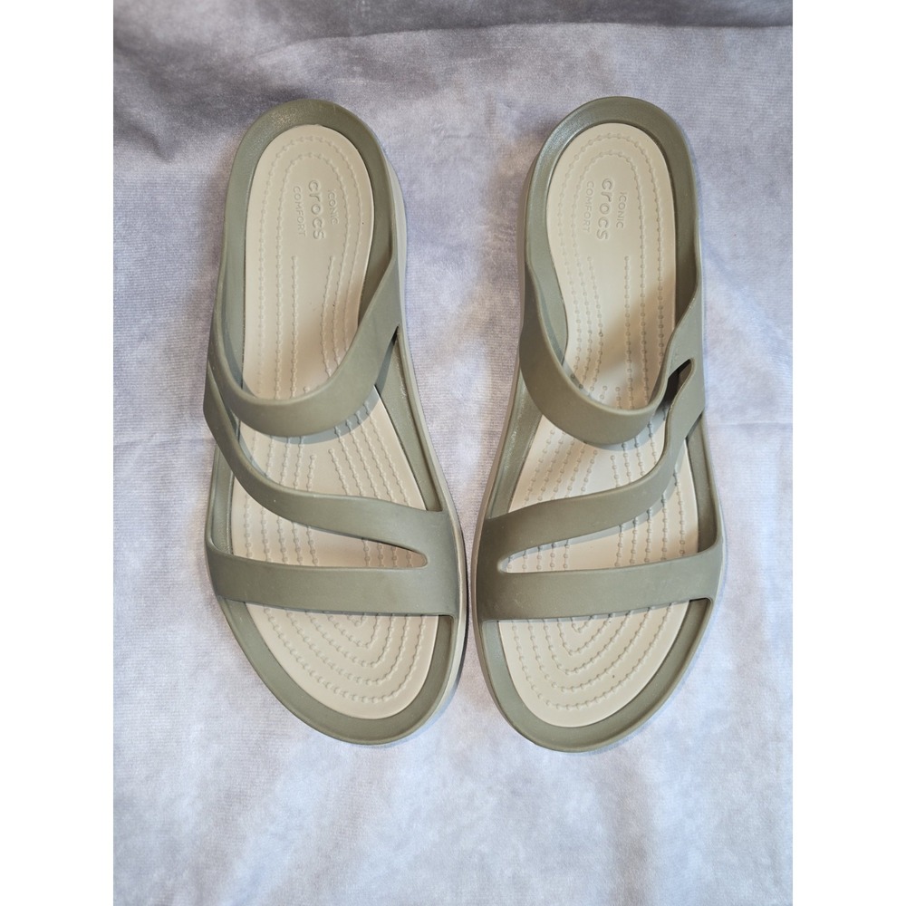 Crocs Swiftwater Sandals Tan & Brown Womens Size 8 Strappy Slip On Slides - Picture 2 of 7